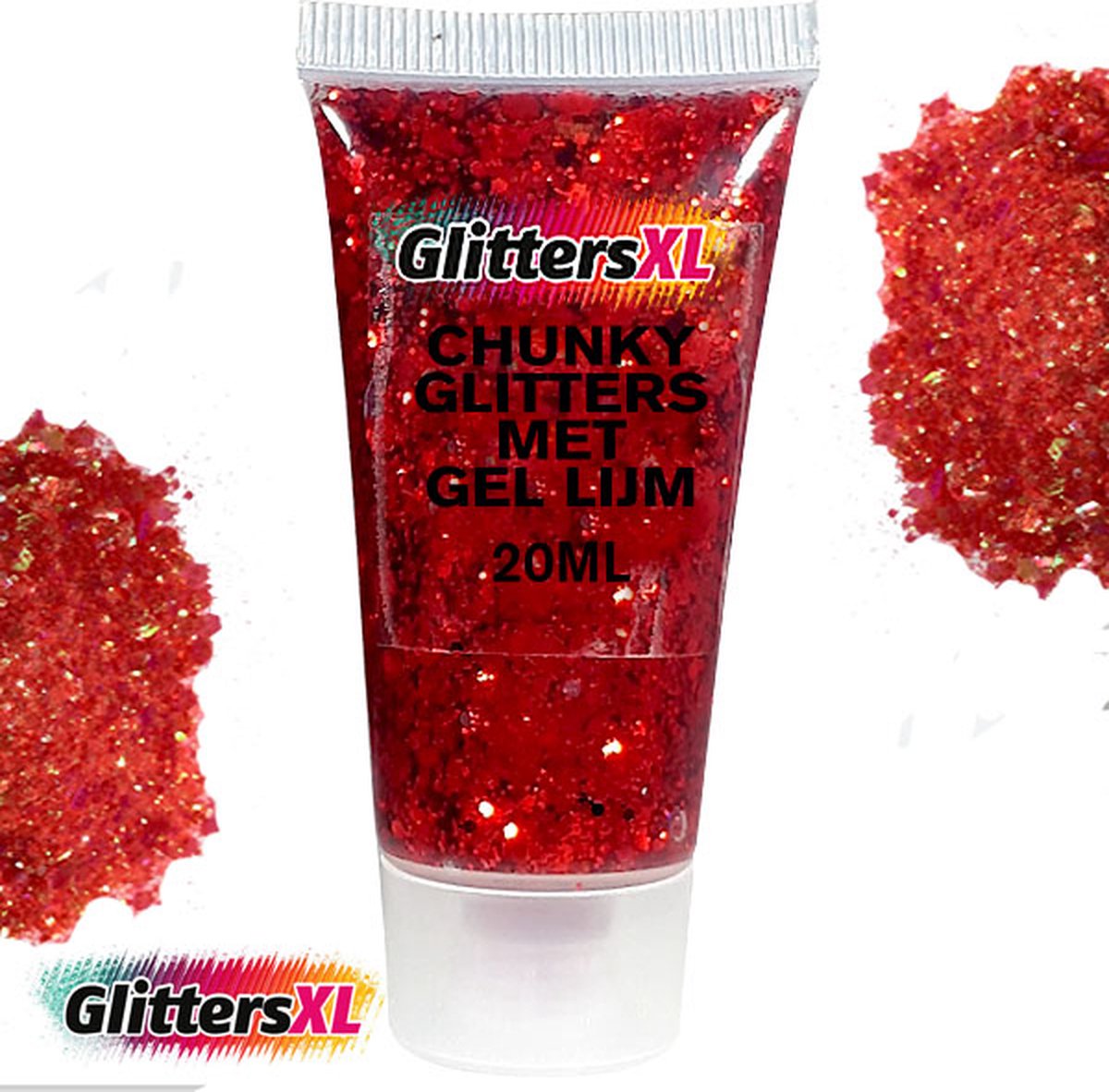 GlittersXL - Chunky Glitters met Gel Lijm Tube (Rood) [Volume 20ML - Festival Jewels Glitter Outfit Lichaam en Gezicht - Make-up Diamond Dots Face Body - Diamantjes Strass Steentjes - Kinderen Volwassenen Dames Makeup Tattoo Mastix Schmink]